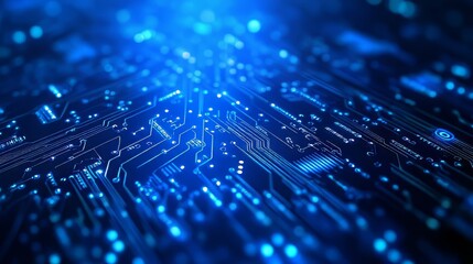 Illuminated circuit board: a network of intricate connections glowing in blue light, symbolizing technology.