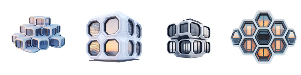 A rendering of an array of futuristic modular digital cubes and geometric shapes in a minimalist interconnected design