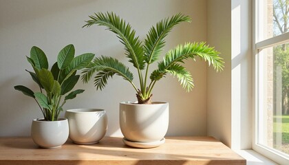 Obraz premium Indoor plants on wooden shelf with natural sunlight