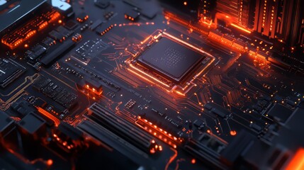 Obraz premium Complex motherboard with illuminated pathways, highlighting intricate electronic components and design.