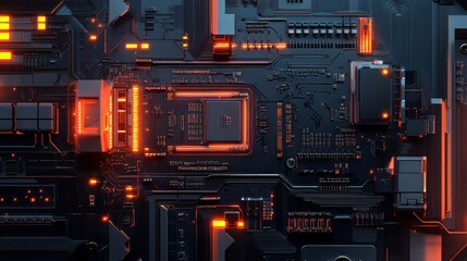 Complex circuitry glows with digital light, highlighting intricate pathways on a high-tech device. 