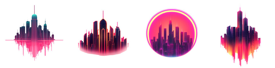 Fototapeta premium Striking digital depicting a futuristic neon colored cityscape with skyscrapers and a vibrant abstract gradient background