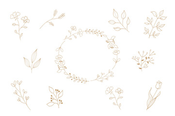 シンプルな植物の線画イラストセット 金