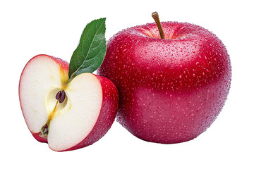 red apple with slice and leaf - isolated on black