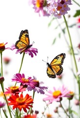 Naklejka premium Delicate butterflies flitting among vibrant wildflowers on a pristine white backdrop, wing, butterfly