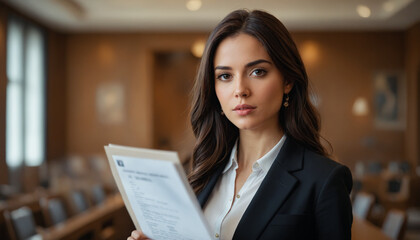 Fototapeta premium Caucasian Woman in Courtroom with Legal Papers