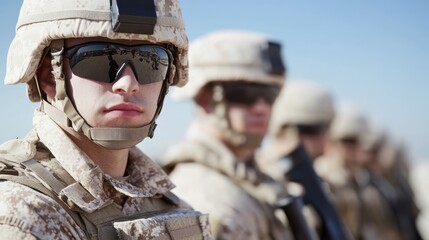 Fototapeta premium Soldiers in tan camouflage and helmets stand alert in a line under a clear blue sky, embodying focus and readiness.