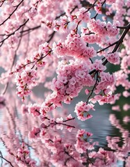 Fototapeta premium Delicate pink cherry blossom wreath floats on tranquil river, reflecting blossoms, romantic, environment, background