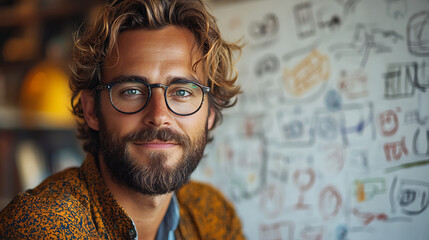 Portrait of a smiling man with glasses in a casual studio setting