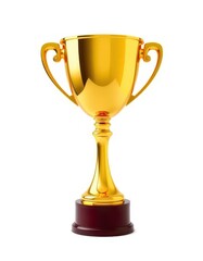 Gleaming golden trophy cup, perfectly isolated on pure white background, golden trophy cup, symbol, elegant