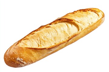 A fresh and crispy French baguette with a golden crust and fluffy interior, isolated on a transparent background.