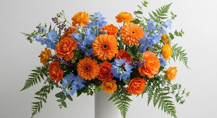 Obraz premium Vibrant orange and blue flowers arranged beautifully in a simple vase soft light enhances the lush blooms. AI Generated