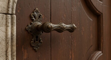 Ornate bronze door handle gleams softly warm light against rich dark wood. AI Generated