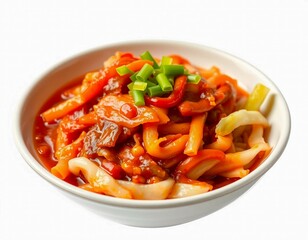 A hot and delicious beef and vegetable stew, a hearty meat dish with a red tomato-based sauce, alongside a bowl of chicken noodle soup