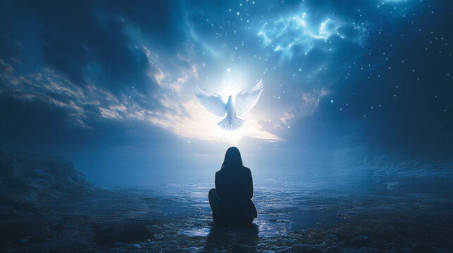 Woman Prays on Bended Knee as the Holy Spirit Descends as a White Dove, Depicting Themes of Faith, Divine Intervention, and the Powerful Presence of God’s Grace in Worship