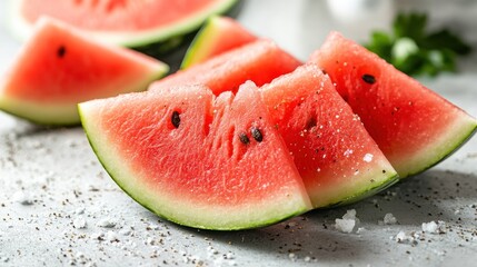 Sliced watermelon wedges on gray surface with background of more watermelon