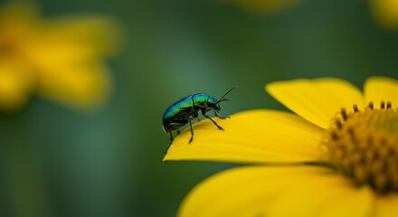 Vibrant green beetle delicately perched on yellow flower petal soft light. AI Generated