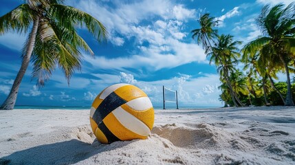 Obraz premium A volleyball partially buried in the sand on a beach court, with the blue sky above and palm trees in the background.