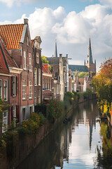 Naklejka premium Enchanting Cityscape - Canal, Architectural Beauty, and Historical Landmarks of Zwolle, Netherlands