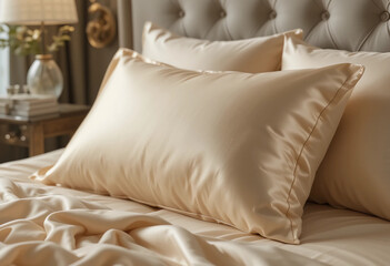A smooth, luxurious silk pillowcase in champagne color