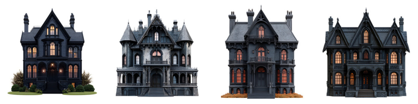 Collection of elaborately designed and ornate Gothic style Victorian era mansions with towering spires turrets and intricate architectural details