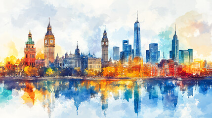 World tourism day watercolor poster illustration with famous world landmarks