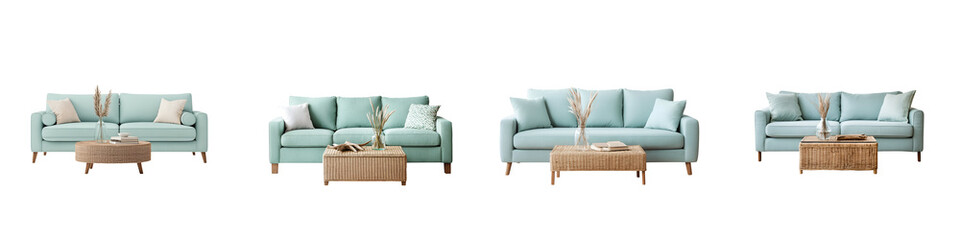 Beautifully designed living room featuring a comfortable pastel green sofa wooden coffee table and an inviting overall decor scheme