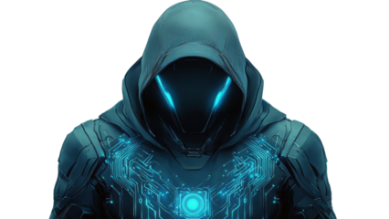 Png of A sleek, futuristic male character in a dark hooded suit, glowing blue accents highlighting his enigmatic presence on transparent background.
