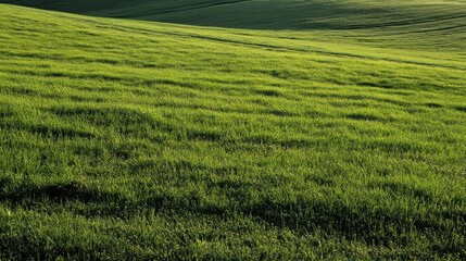 Obraz premium Expansive green field bathed in sunlight, capturing serene natural beauty.