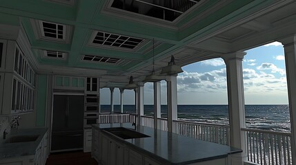 Obraz premium Interior kitchen overlooking the ocean with a beautiful coastal view