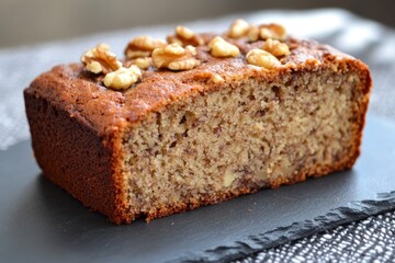 Banana bread slice, moist with visible walnut pieces.