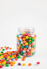 A clear glass jar overflowing with colorful candies sits on a pristine white background, delicious, glass jar, chocolate