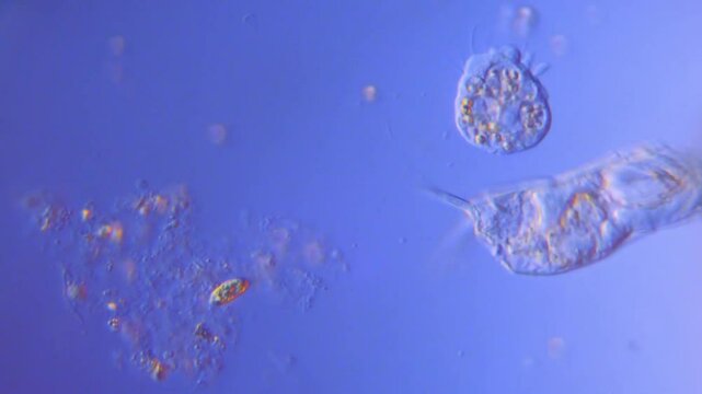 Rotifer, Vampyrella amoeba, Peranema in freshwater-400x magnification DIC microscope differential interference contrast detailed microscopic footage of protists