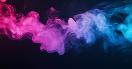 Obraz premium Horizontal colorful smoke swirl mockup with soft flowing tendrils on dark background, elegant texture with copy space for fragrance or cosmetic ad.