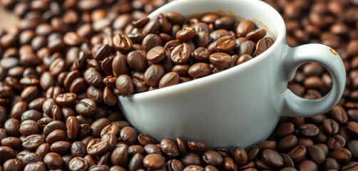Close-up of roasted coffee beans spilling from a ceramic coffee cup, food, illustration