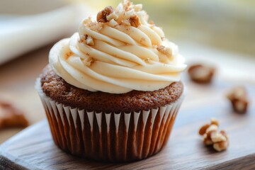 Carrot cake cupcake, with spiced cream cheese frosting and crushed walnuts.