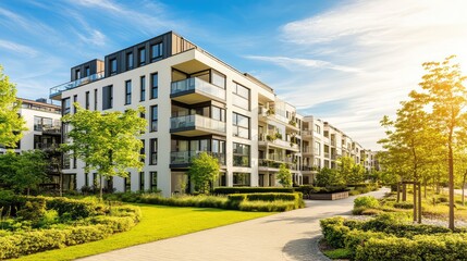 A wide-angle view of a modern apartment complex with clean architectural lines, open spaces, and expansive glass windows, located in a green area.