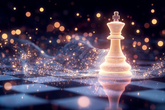 Luminous chess king on sparkling board with dynamic light trails