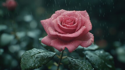 A single, vibrant pink rose in a garden, drenched in rain
