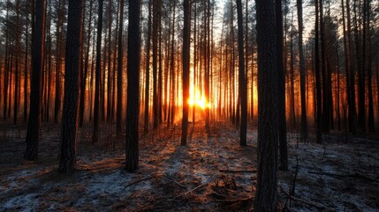 Obraz premium A dramatic forest scene with a fiery sunset casting intense, orange light through the tall trees, creating a striking silhouette.