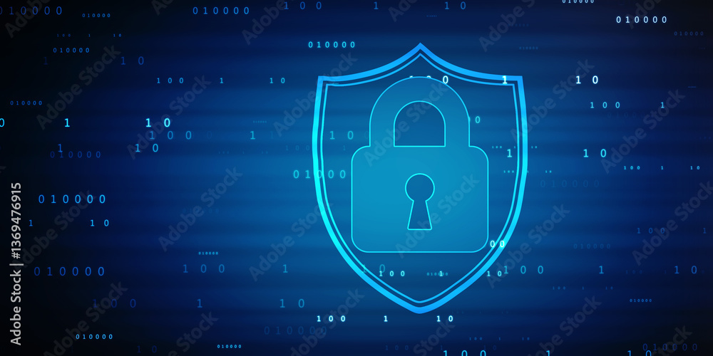 Poster closed padlock on digital screen with flowing binary codes, cyber security and safety information, p