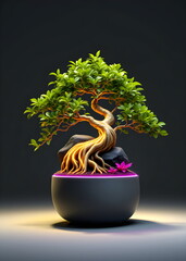 Neon Root-Over-Rock Bonsai in a Minimalist Setting