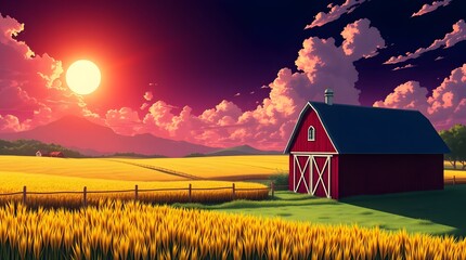 Sunset over golden field, red barn