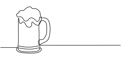 Continuous Line Drawing of Craft Beer Icon. Hand Drawn Symbol Vector Illustration, Continuous one line drawing of beer glass with foam. Craft drink alcohol ale in simple linear style for bar and pub.