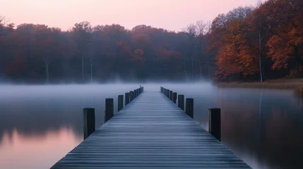Selbstklebende Fototapeten A wooden pier extending over a misty lake at dawn, surrounded by towering trees and soft light. © pinporn manosri