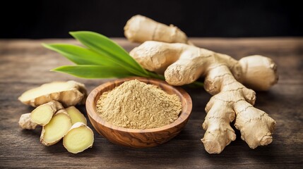 Fresh ginger root and powder on wooden surface