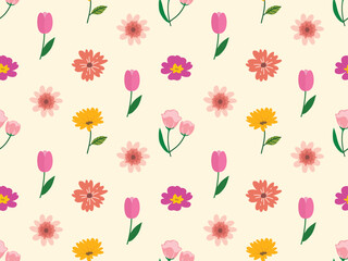 Colorful Floral seamless pattern perfect for spring backgrounds. flowers and leaves wallpaper with hand drawn for banners, cards, flyers, social media wallpapers, etc. vector illustration	