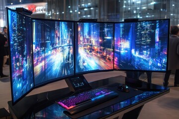 A high-performance PC with multiple floating 3D displays forming an interactive environment.