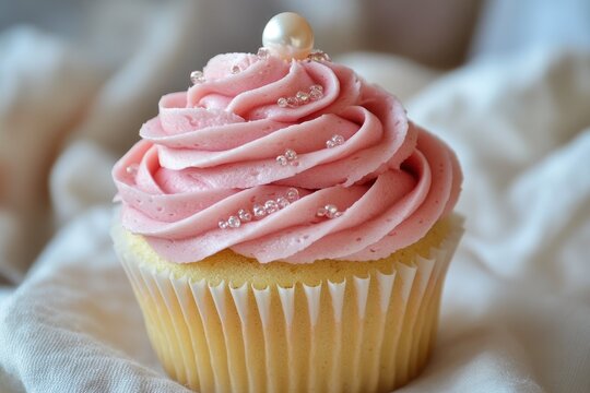 Classic vanilla cupcake, swirled with pink buttercream frosting and a sugar pearl on top.