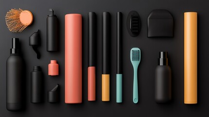 Obraz premium Dynamic render of hairstylist tools, colorful rods, and black perm bottles arranged symmetrically